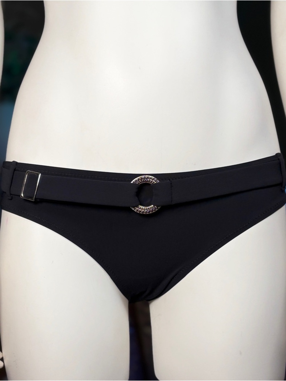 Shan Black Belted Bikini Swim Bottoms w/ Silver Metal Ring Accent, Sz 6